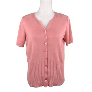 Architect Pink Knit Short Sleeve V-Neck Button Front Sweater Top Size Medium